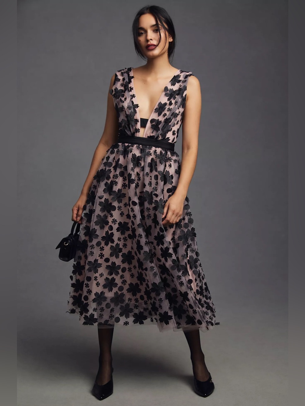NWOT Anthropologie Black 3D floral applique a line cocktail dress 16